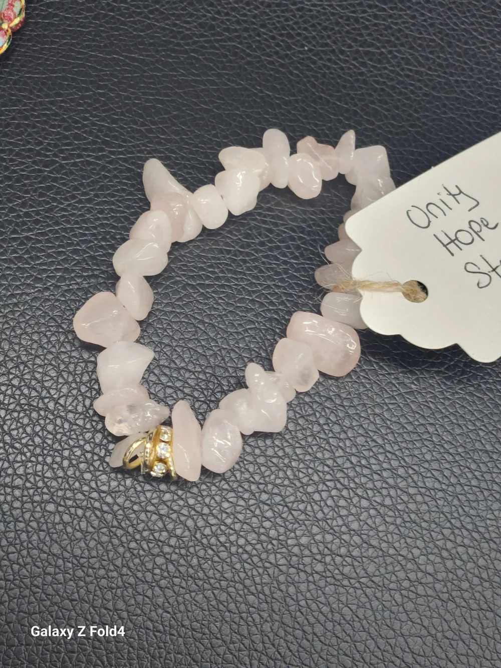 Hand Crafted Rose Quartz Chip Bracelet with Gold Accent